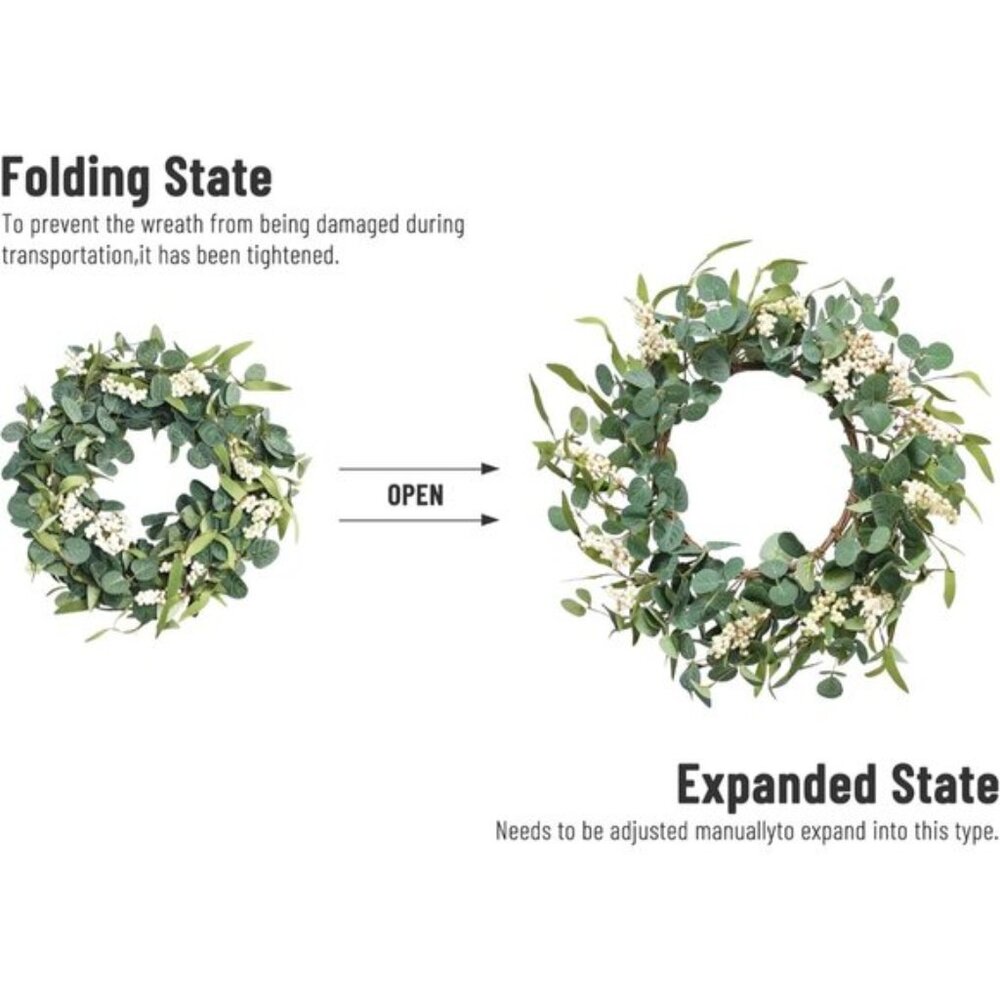 New 20Inch Eucalyptus Wreath for Front Door, Porch & Window or All-Season, Green - Picture 7 of 8
